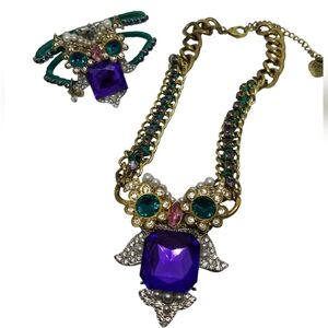 BETSEY JOHNSON RHINESTONE ENCRUSTED OWL STATEMENT NECKLACE & BRACELET SET